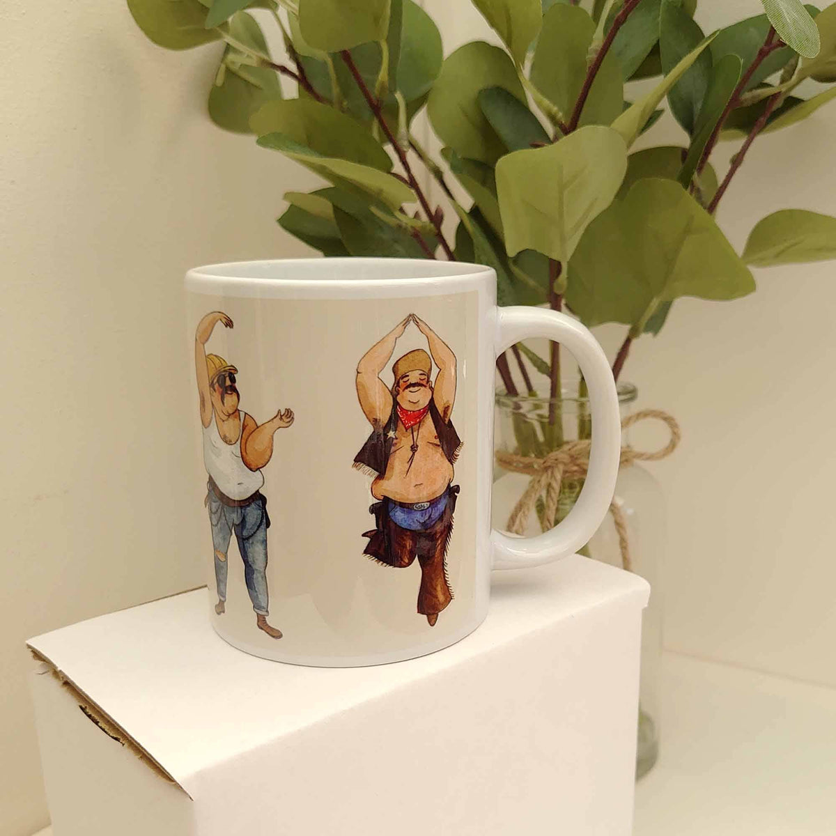 Disco dancing men coffee mug, funny chubby men dancing mug