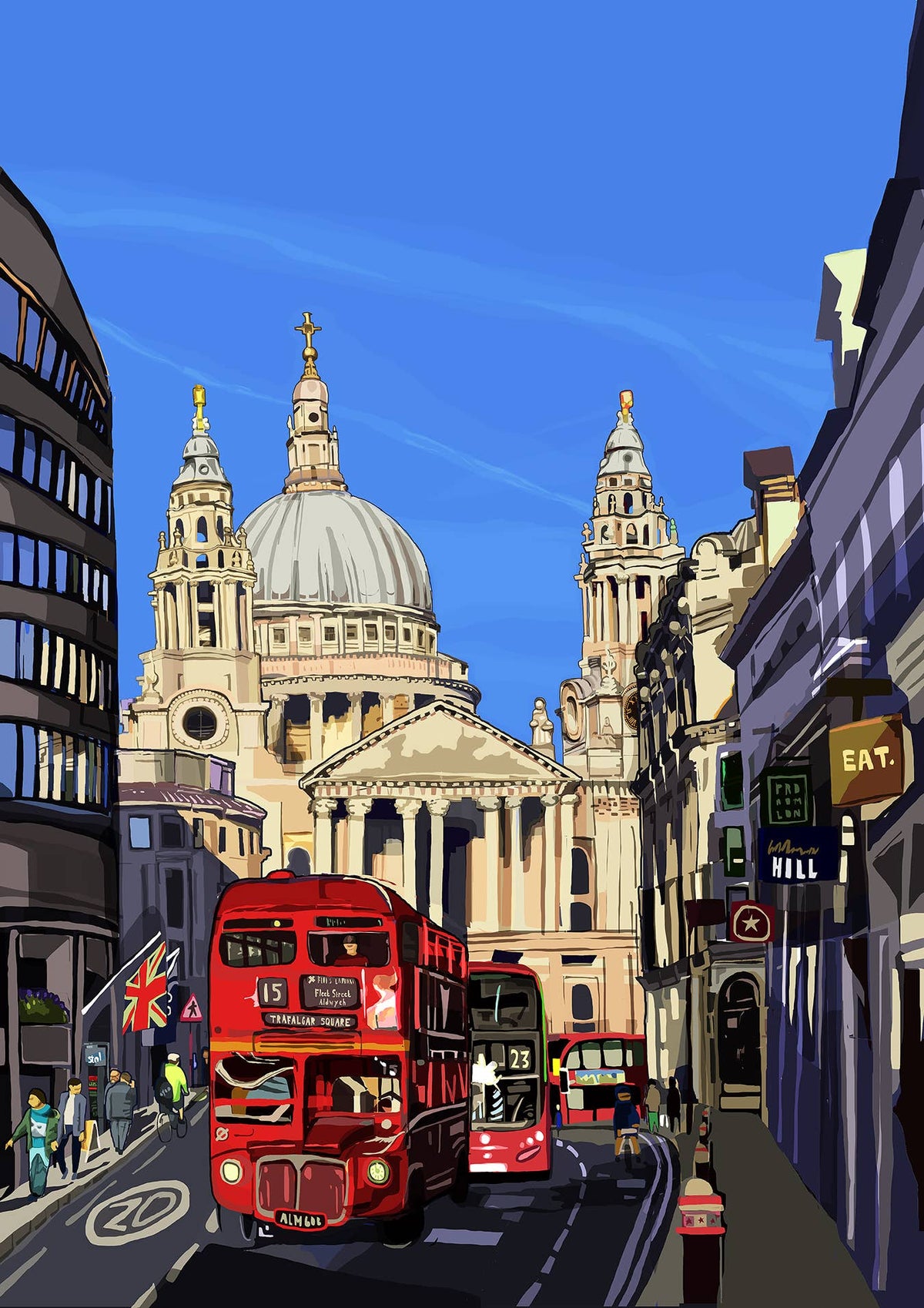 St Paul's Cathedral, London Illustration Print: Blue / A3